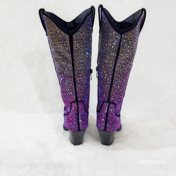 Western Glow Multi Purple Ombre Rhinestone Disco Cowgirl Knee Boots - Picture 8 of 17